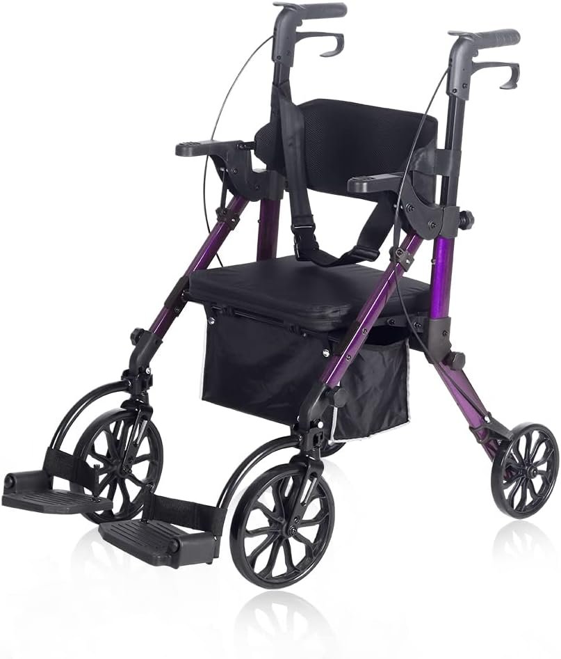 Elenker 2 in 1 Rollator Walker  Transport Chair, Folding Wheelchair Rolling Mobility Walking Aid with Seat Belt, Padded Seat and Detachable Footrests for Adult, Seniors (Purple)