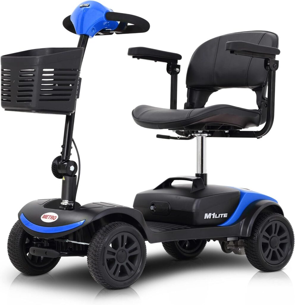 Metro Mobility 4 Wheel Electric Mobility Scooters for Adults - Foldable Lightweight Powered Mobility Scooter for Seniors, Travel - Long Range Power Extended Battery with Charger and Basket - Blue