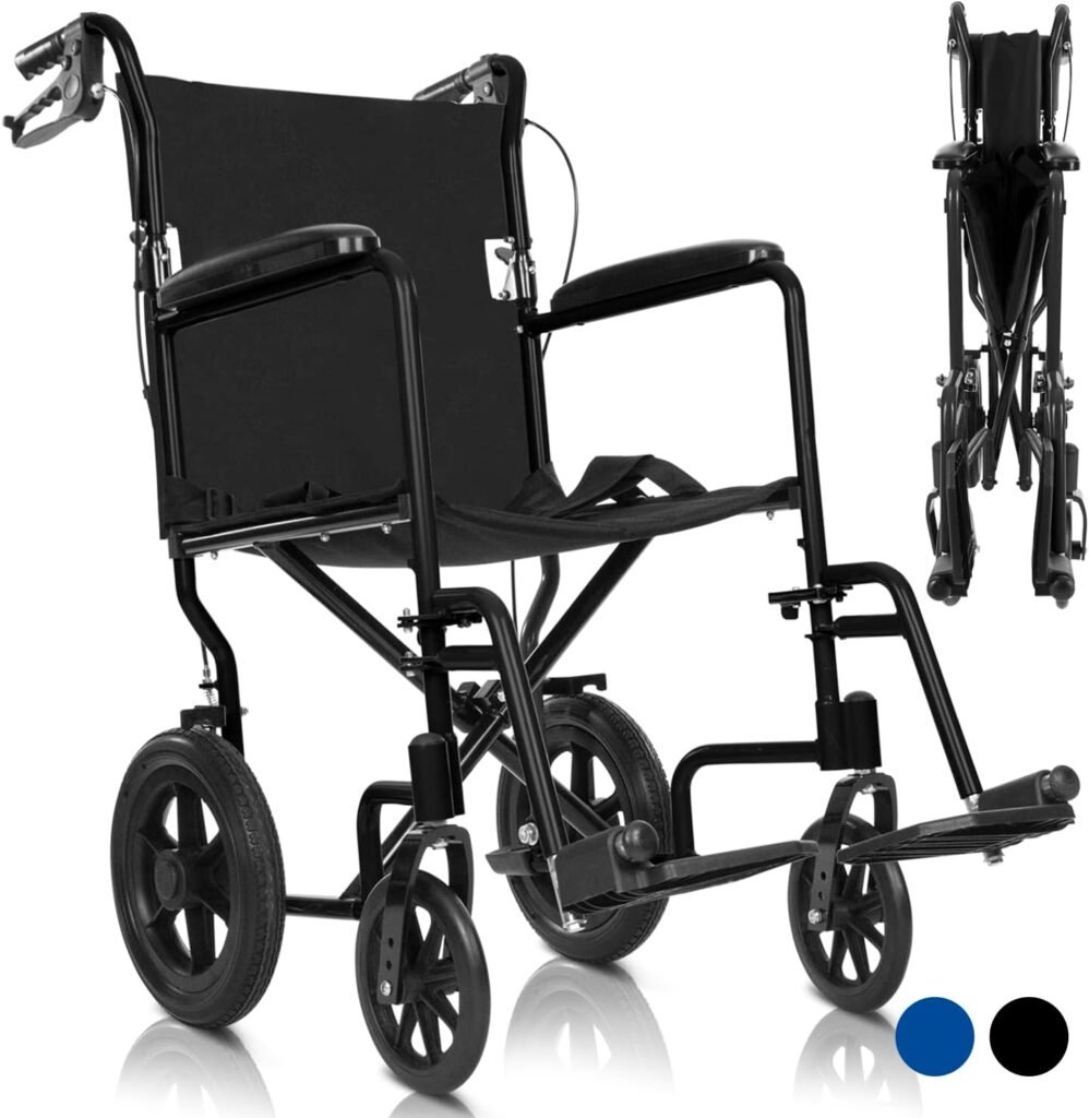 Vive Mobility Folding Transport Wheelchair - Steel Chair with Hand Brake - Lightweight, Foldable, Travel Manual Mobility Aid - Ultralight Comfortable 19 Inch Wide Portable Handicap Seat